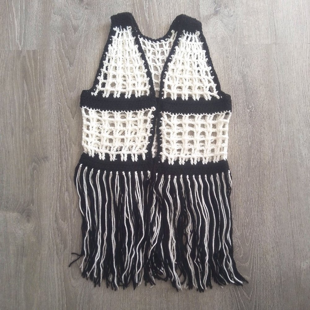 Boho Hippie Vintage Inspired Black and Off White Crochet Vest w/ Long Fringes